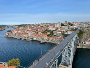 a bridge over a river with a city in the background